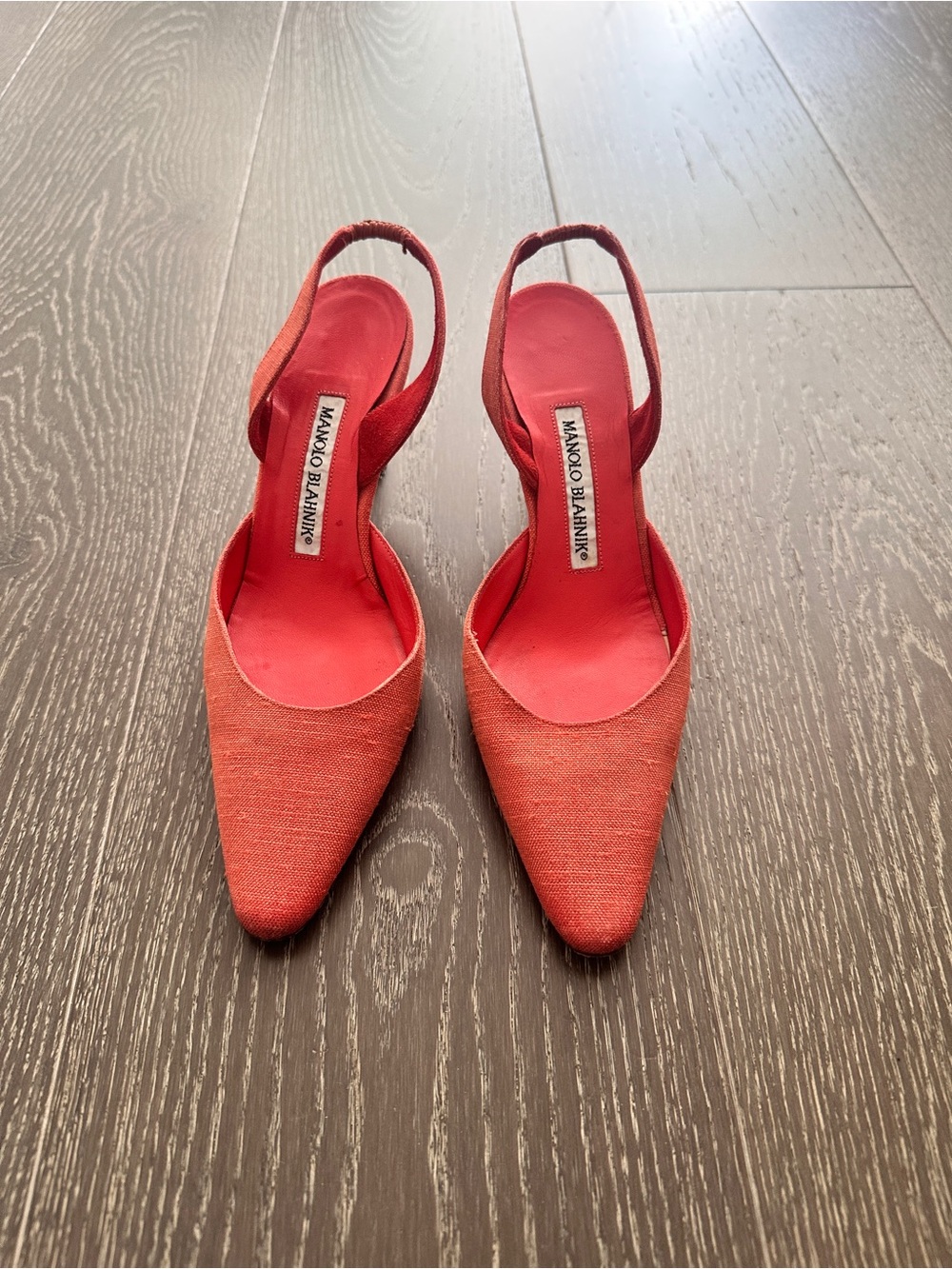 Manolo Blahnik Coral Slingback Pointed Toe Pumps